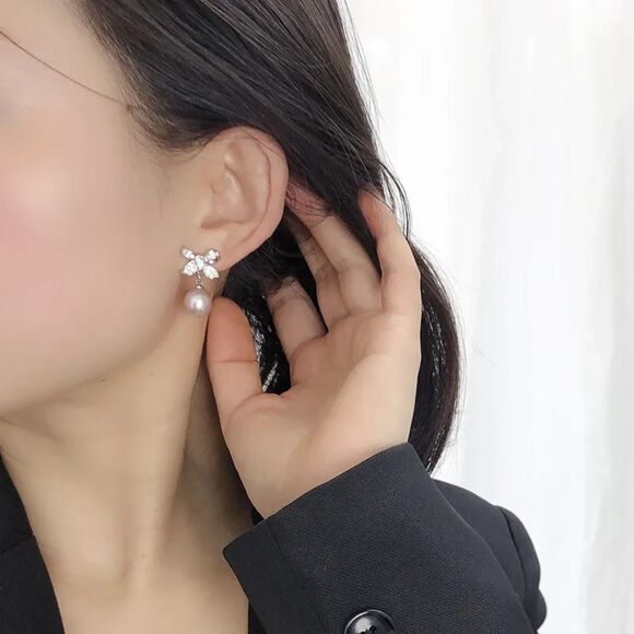 Pearl Bow Knot Earrings Freshwater Pearl Silver and Purple Coguette CZ Earring - Picture 2 of 3